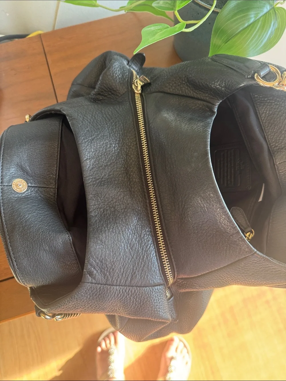 Coach Hallie Black Pebbled Leather Shoulder Bag with Gold Chain